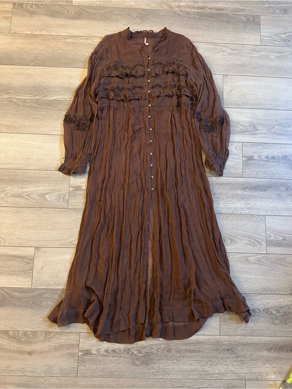 Free People Chocolate Brown Sheer Ruffle Button-Front Maxi Dress Size XL